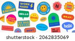 Cool Trendy Patches Vector Design. Abstract background with stickers. Good Vibes, Work Hard, Shine and Stay Positive Badges.