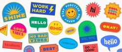 Cool Trendy Patches Vector Design. Abstract Background With Stickers. Good Vibes, Work Hard, Shine And Stay Positive Badges.