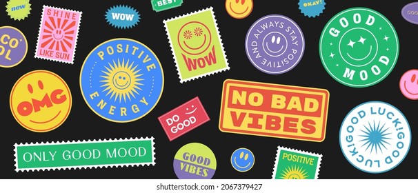 Cool Trendy Patches Vector Design. Abstract background with stickers. Good Vibes, Positive Energy and Good Luck Badges. - Shutterstock ID 2067379427