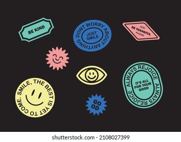 Cool Trendy Patches Vector Design. Abstract Background With Smiley Stickers. Good Vibes, Positive Energy And Smile Badges.