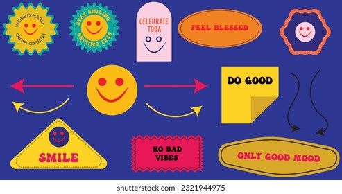Cool Trendy Patches Vector Design. Abstract background with stickers. Good Vibes, Positive Energy and Good Luck Badges.