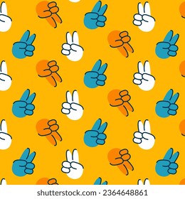 Tonos muy modernos y fondo de estilo años 70. Ilustración vectorial retro. Gesto hippie, gesto de paz.