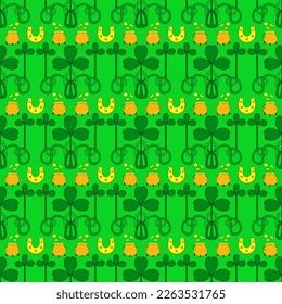 Cool trendy pattern with clover. Bright shamrock leaves on a green background. Hand-drawn seamless pattern. Cute saint patrick fashion print.