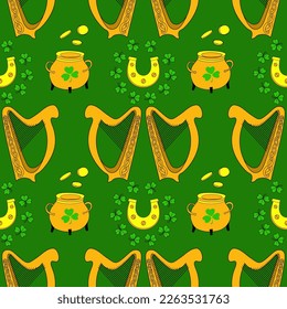 Cool trendy pattern with clover. Irish harp. Hand-drawn seamless pattern. Cute saint patrick fashion print.