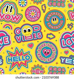 Cool Trendy Pop Art Stickers Seamless Pattern Vector Design. Abstract Cute Pathes Background. Colorful Good Vibes Artwork.