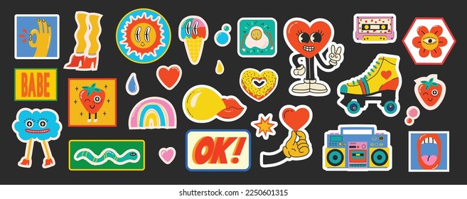 Cool trendy retro smile positive stickers set. Collection of various patches with emoticons, funny creatures, hearts, geometric shapes.