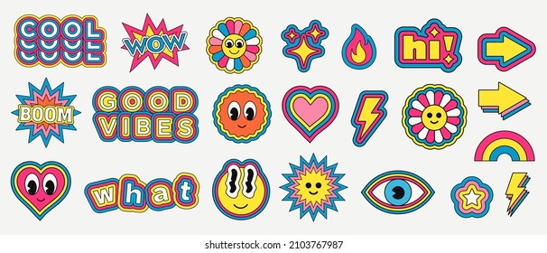 Cool Trendy Retro Stickers Collection. Set of Funny Character Emoticons. Pop Art Elements.  - Shutterstock ID 2103767987