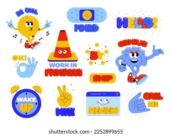 Cool Trendy Retro Stickers Collection. Set of Funny Character Emoticons. Pop Art Elements. Vector Illustration