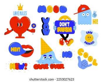 Cool Trendy Retro Stickers Collection. Set of Funny Character Emoticons. Pop Art Elements. Vector Illustration