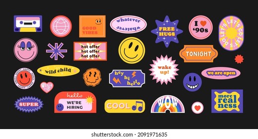 Cool trendy retro stickers with smile faces, cartoon comic label patches. Funky, hipster retrowave stickers in geometric shapes. Vector illustration of y2k , 90s graphic design badges. - Shutterstock ID 2091971635