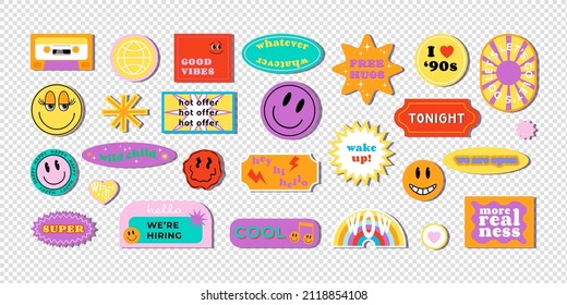 Cool trendy retro stickers with smile faces, cartoon comic label patches. Funky, hipster retrowave stickers in geometric shapes. Vector illustration of y2k , 90s graphic design badges.