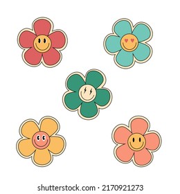Cool trendy retro stickers with smile faces, cartoon comic label patches.