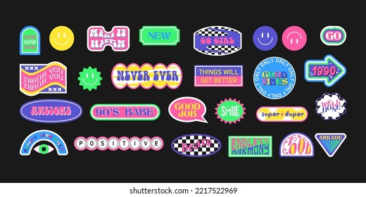 Cool trendy retro stickers with smile faces, cartoon comic label patches. Funky, hipster retrowave stickers in geometric shapes. Vector illustration of y2k , 90s graphic design badges