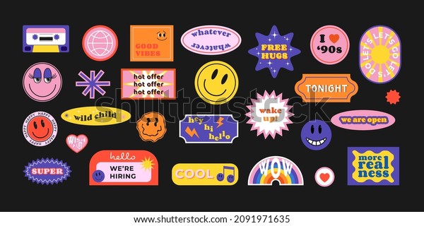 Cool trendy retro stickers with smile faces,\
cartoon comic label patches. Funky, hipster retrowave stickers in\
geometric shapes. Vector illustration of y2k , 90s graphic design\
badges.