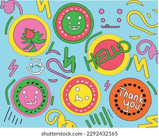 Cool trendy retro vontage stickers with  faces, cartoon comic label patches. Funky, hipster retrowave stickers in geometric shapes. Vector illustration of y2k , 90s graphic design badges pattern 