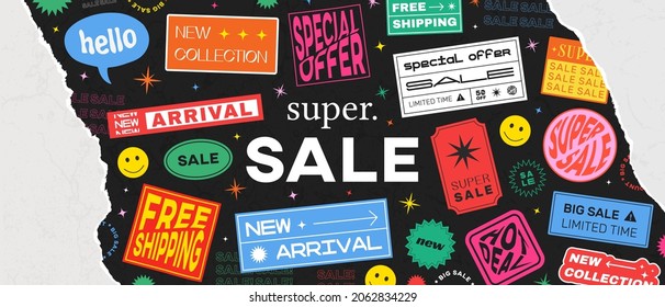 Cool Trendy Sale Banner Vector Design. Hipster background with promo label stickers. Torn Page Effect.