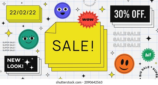 Cool Trendy Sale Banner Vector Design. Promo Web Page Hipster Design. 90s style illustration.