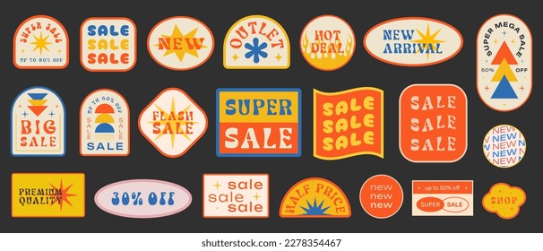 Cool Trendy Sale Promo Stickers Collection. Set of Special Offer Vintage Retro Patches Vector Design. Y2K Badges.