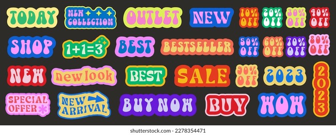 Colección Cool Trendy Sale Promo Stickers. Juego de ofertas especiales Diseño de vectores de parches retro vintage. Badges de 2000.