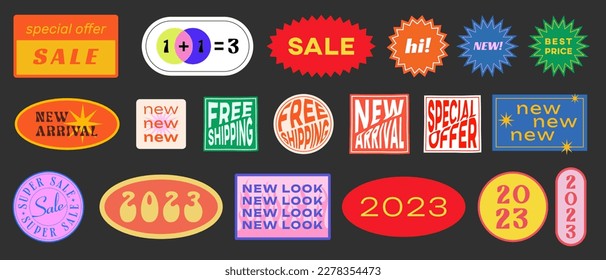 Cool Trendy Sale Promo Stickers Collection. Set of Special Offer Vintage Retro Patches Vector Design. Y2K Badges.