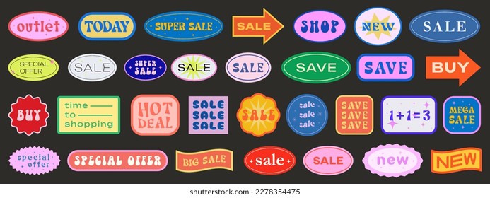 Cool Trendy Sale Promo Stickers Collection. Set of Special Offer Vintage Retro Patches Vector Design. Y2K Badges.