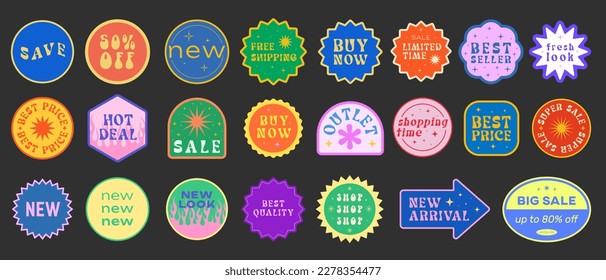 Cool Trendy Sale Promo Stickers Collection. Set of Special Offer Vintage Retro Patches Vector Design. Y2K Badges.