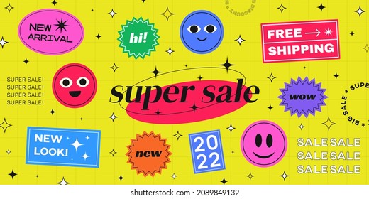 Cool Trendy Sale Stickers Banner Vector Illustration. New Arrival, Wow, Super Sale, 2022 Badges.
