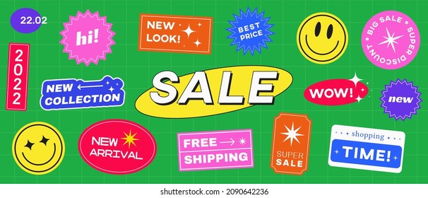 Cool Trendy Sale Stickers Banner Vector Illustration. New Look, Hi, Super Sale, 2022 Badges.