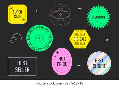 Cool trendy sale stickers for business. Geometric elements for store sale, online promotion or social media post. Y2K style. 