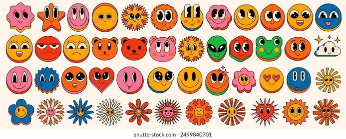 Cool Trendy Set Of Funny Happy Cartoon Character Faces. Collection Of Groovy Smile Emoji, Retro Funky Comic Cute Stickers. Pop Art Graphic Design Elements.