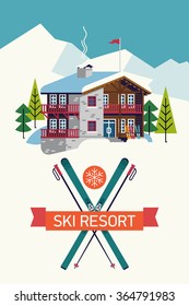 Cool Trendy Ski Resort Destination Background. Mountain Lodge In Winter Snow Flat Design Vector Illustration Featuring Skis With Poles, Snowflake Icon And Sample Title Ribbon