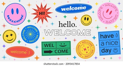 Cool Trendy Smile Happy Stickers Collection. Hello Welcome Hipster Illustration.