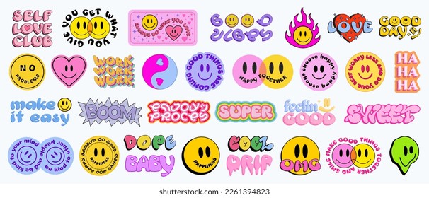 Cool Trendy Smile Stickers Pack. Set Of Groovy Patches Vector Design.. Pop Art Badges.