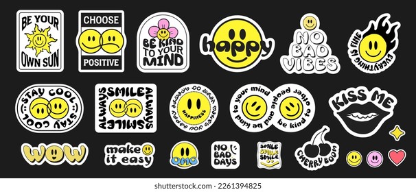 Cool Trendy Smile Stickers Pack. Conjunto De Diseño Vector De Parches Groovy... Badges de Pop Art.