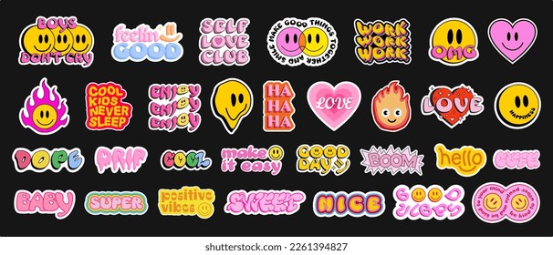 Cool Trendy Smile Stickers Pack. Set Of Groovy Patches Vector Design.. Pop Art Badges.