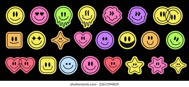 Cool Trendy Smile Stickers Pack. Set Of Groovy Patches Vector Design.. Pop Art Badges.