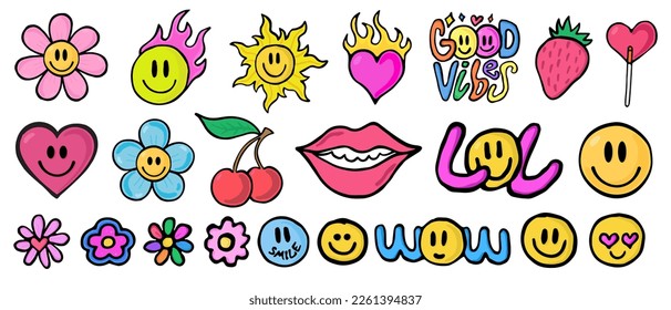 Cool Trendy Smile Stickers Pack. Set Of Groovy Patches Vector Design.. Pop Art Badges.