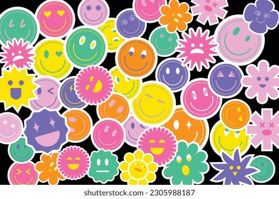 Cool Trendy Smile Stickers Pack. Vector Y2K stickers illustration. 