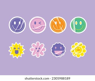 Cool Trendy Smile Stickers Pack. Vector Y2K stickers illustration. 