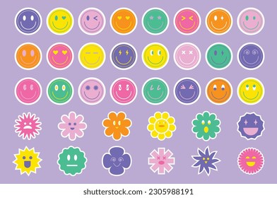 Cool Trendy Smile Stickers Pack. Vector Y2K stickers illustration. 