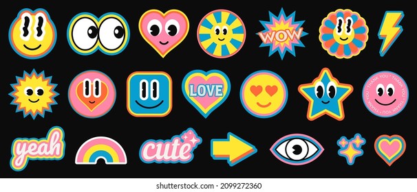 Cool Trendy Smile Stickers Set. Collection of Cute Cartoon Characters Vector Design. Colorful Retro Patches.