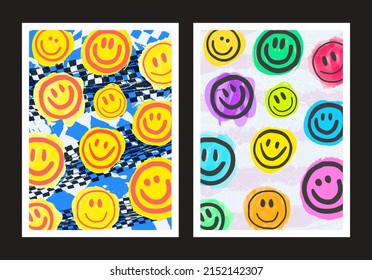 Cool Trendy Smile Y2K Posters. Graffiti Emoji Pattern Vector Illustration.