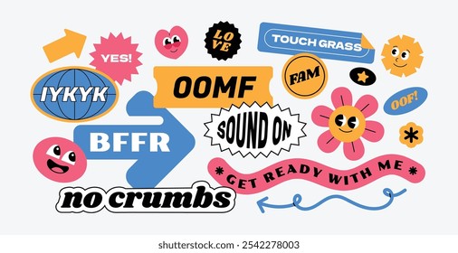 Cool and trendy sticker retro, 90's style y2k, Gen z and millenials quote slang. Patch, badge, sticker, tags.