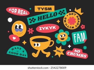 Cool and trendy sticker retro, 90's style y2k, Gen z and millenials quote slang. Patch, badge, sticker, tags.