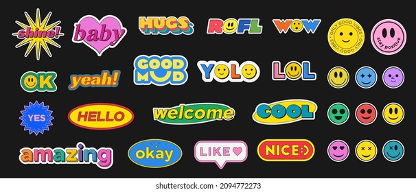 Cool Trendy Stickers Collection. Set of Various Phrases Patches Vector Design. Pack of Yolo, Rofl, Lol and Wow Pins.