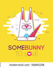 Cool trendy styled colorful illustration with the cute lovely bunny and the love text. Line art. Trendy colors. Love concept.