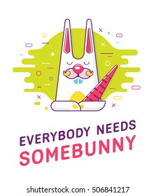 Cool trendy styled colorful illustration with the cute lovely bunny and the love text. Line art. Trendy colors. Love concept.