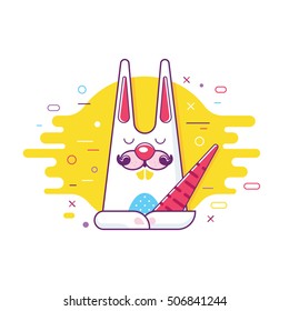 Cool trendy styled colorful illustration with the cute lovely bunny and the love text. Line art. Trendy colors. Love concept.