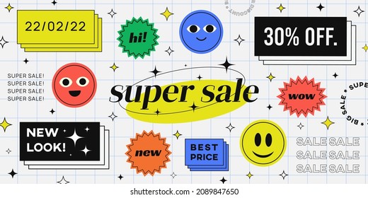 Cool Trendy Super Sale Banner Vector Design. Promo Web Page with Smile Stickers and Badges. Hipster Style Illustration.