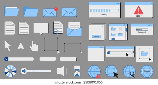 Cool Trendy UI Retro PC Screen Vector Design. Vaporwave Illustration. Desktop Computer Elements. File Folders Icons.